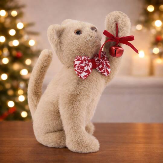 Melrose 11" Christmas Cat with Knit Bow Plush Figurine